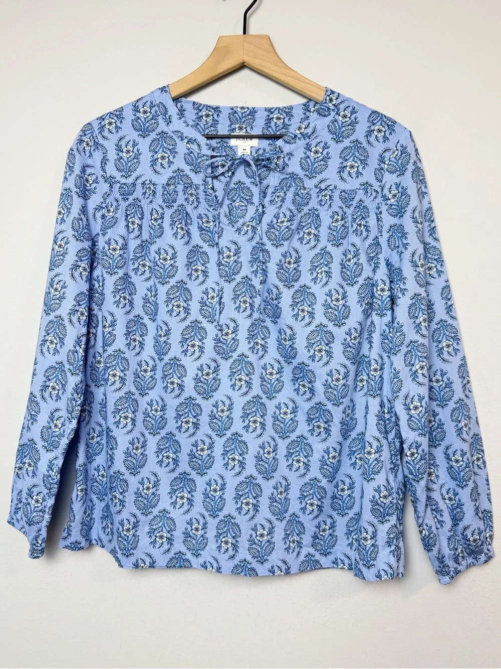 J. Crew Blue Printed Tie Split Neck Top